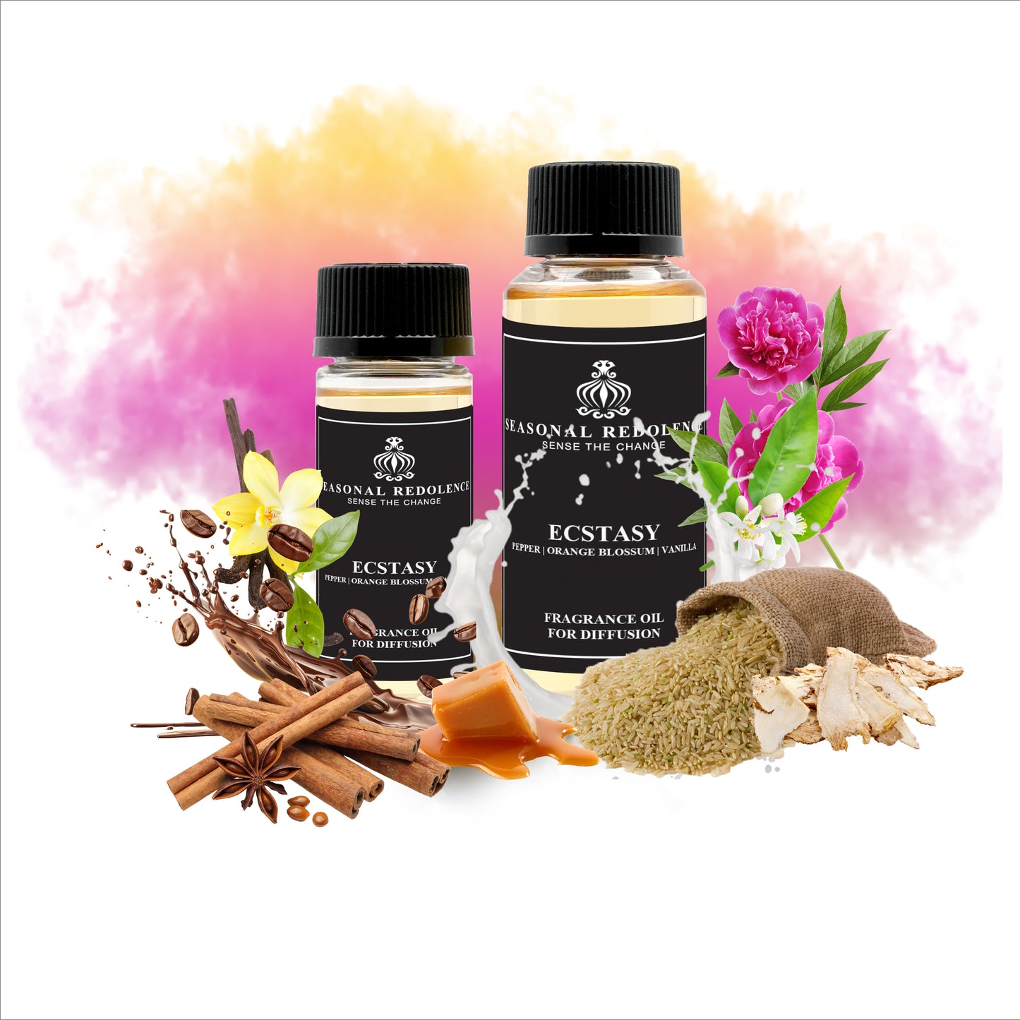 Ecstasy opens with a unique blend of rice, pepper, and anise, delivering an intriguing and spicy introduction. Its heart reveals a sophisticated fusion of orange blossom, coffee, peony, and coriander, balancing floral elegance with rich warmth. The fragrance settles into a creamy base of vanilla, sandalwood, musk, caramel, and milk, offering a smooth, luxurious finish that lingers with refined intensity. Perfect for those seeking a complex and captivating scent.