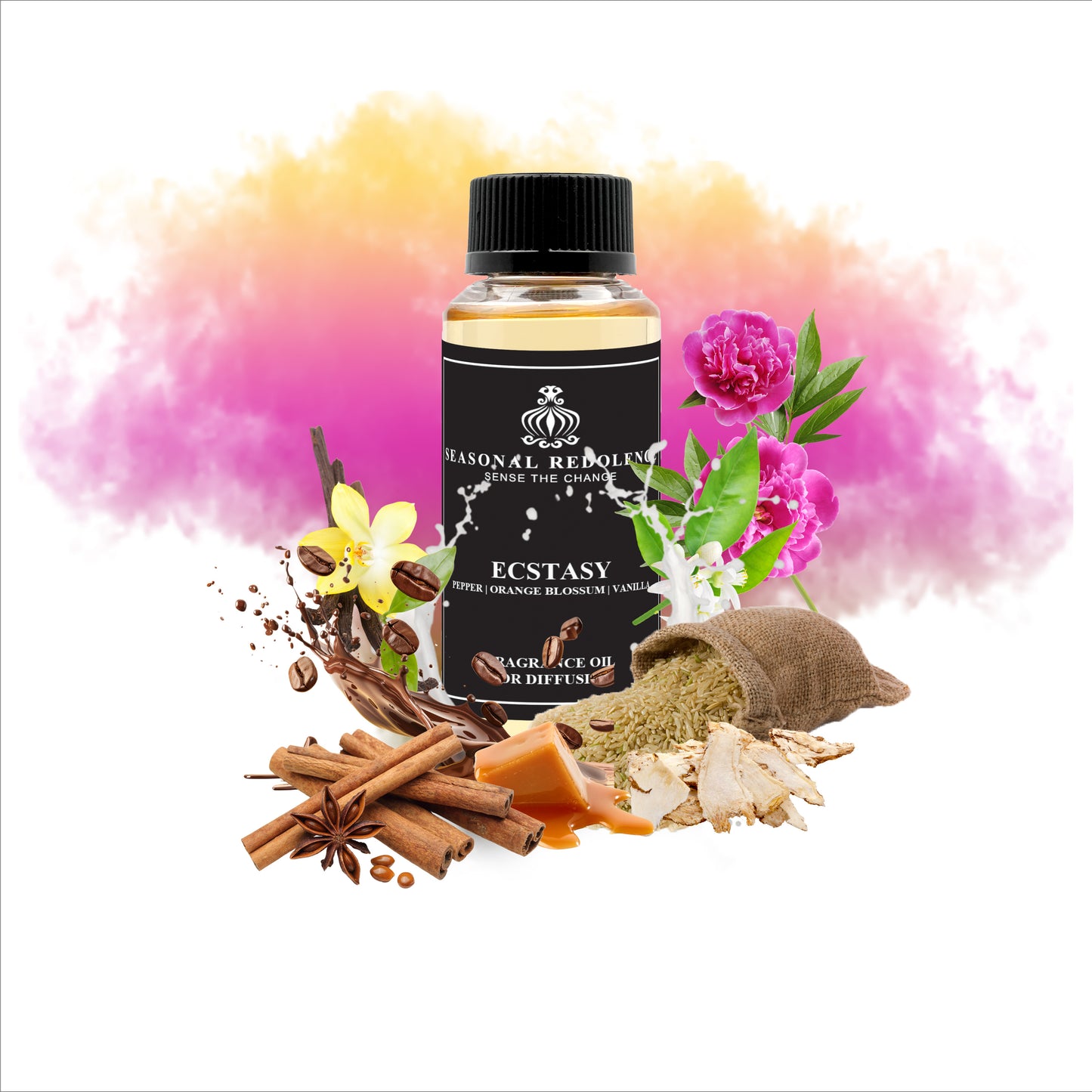 Ecstasy opens with a unique blend of rice, pepper, and anise, delivering an intriguing and spicy introduction. Its heart reveals a sophisticated fusion of orange blossom, coffee, peony, and coriander, balancing floral elegance with rich warmth. The fragrance settles into a creamy base of vanilla, sandalwood, musk, caramel, and milk, offering a smooth, luxurious finish that lingers with refined intensity. Perfect for those seeking a complex and captivating scent.