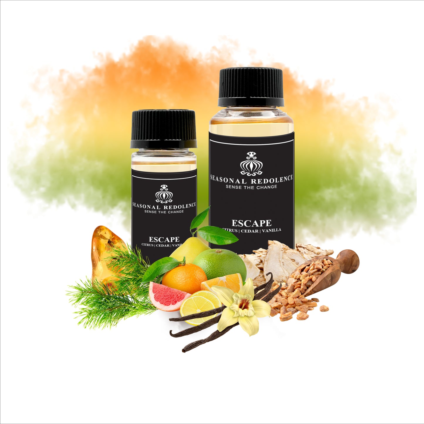 Escape opens with a fresh and vibrant blend of citrus and olive, setting a crisp and invigorating tone. The heart reveals warm, resinous notes of cedar and frankincense, adding depth and sophistication. This elegant fragrance settles into a smooth base of vanilla, musk, and amber, offering a rich and lasting finish that embodies refined escape and tranquility.