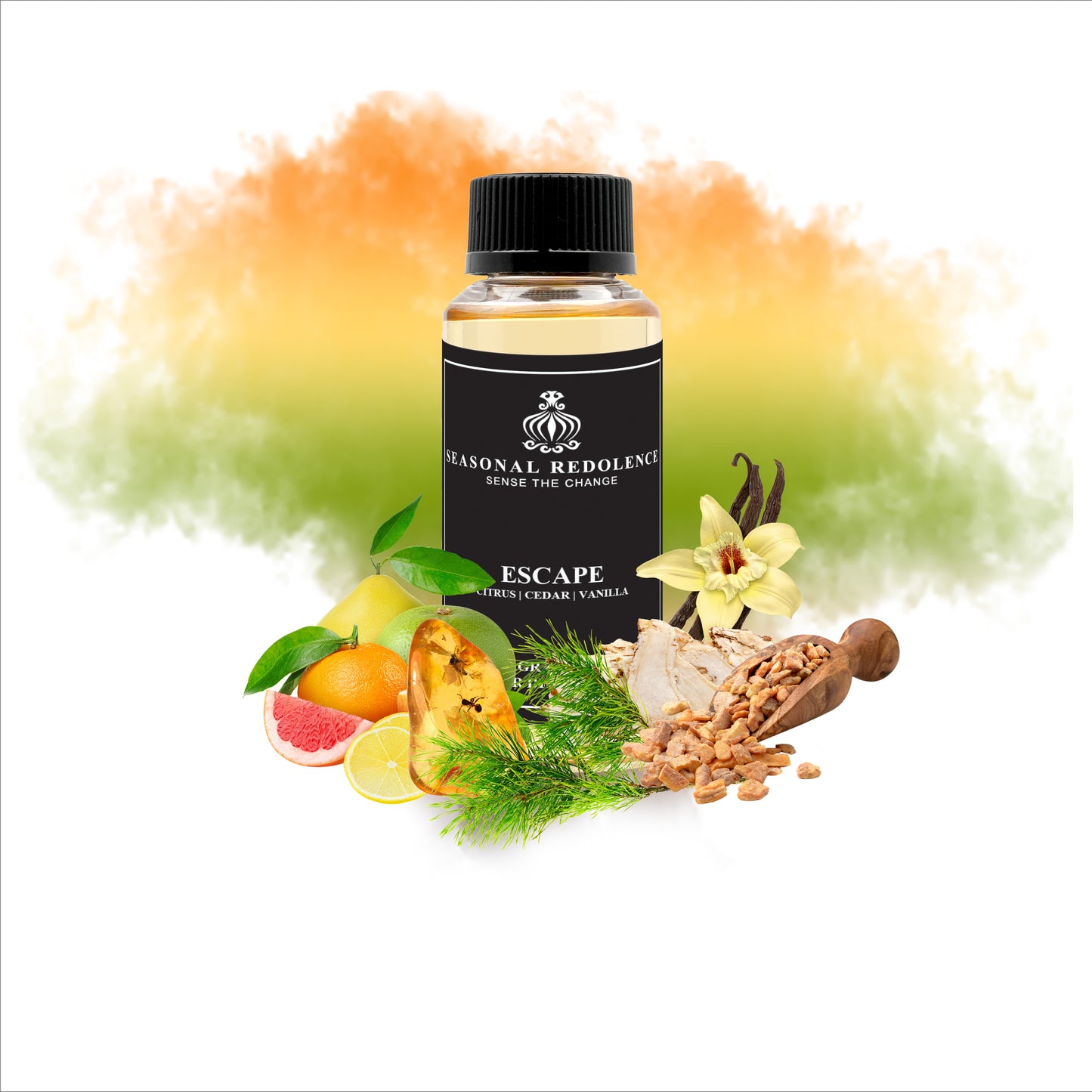 Escape opens with a fresh and vibrant blend of citrus and olive, setting a crisp and invigorating tone. The heart reveals warm, resinous notes of cedar and frankincense, adding depth and sophistication. This elegant fragrance settles into a smooth base of vanilla, musk, and amber, offering a rich and lasting finish that embodies refined escape and tranquility.