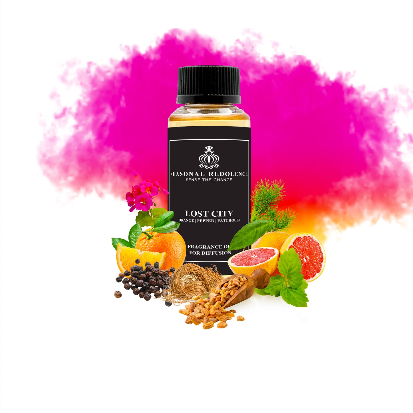 Lost City unveils a sophisticated blend that opens with vibrant notes of oranges and grapefruits, creating a fresh and invigorating introduction. At its heart, spicy pepper and delicate geranium add depth and elegance, while a rich base of patchouli, vetiver, cedar, and benzoin grounds the fragrance with warm, earthy sophistication. This harmonious composition evokes a sense of timeless mystery and refined allure.