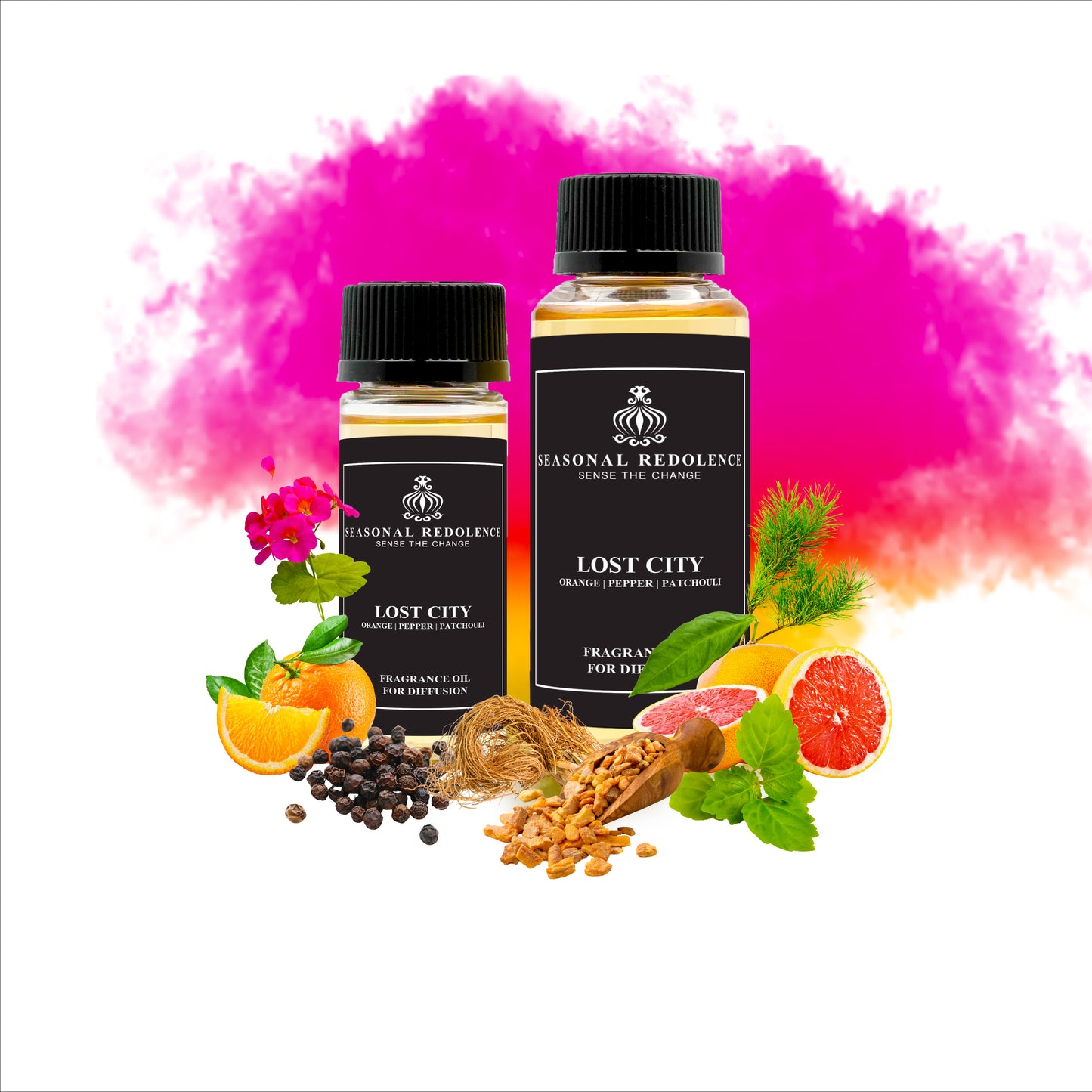 Lost City unveils a sophisticated blend that opens with vibrant notes of oranges and grapefruits, creating a fresh and invigorating introduction. At its heart, spicy pepper and delicate geranium add depth and elegance, while a rich base of patchouli, vetiver, cedar, and benzoin grounds the fragrance with warm, earthy sophistication. This harmonious composition evokes a sense of timeless mystery and refined allure.