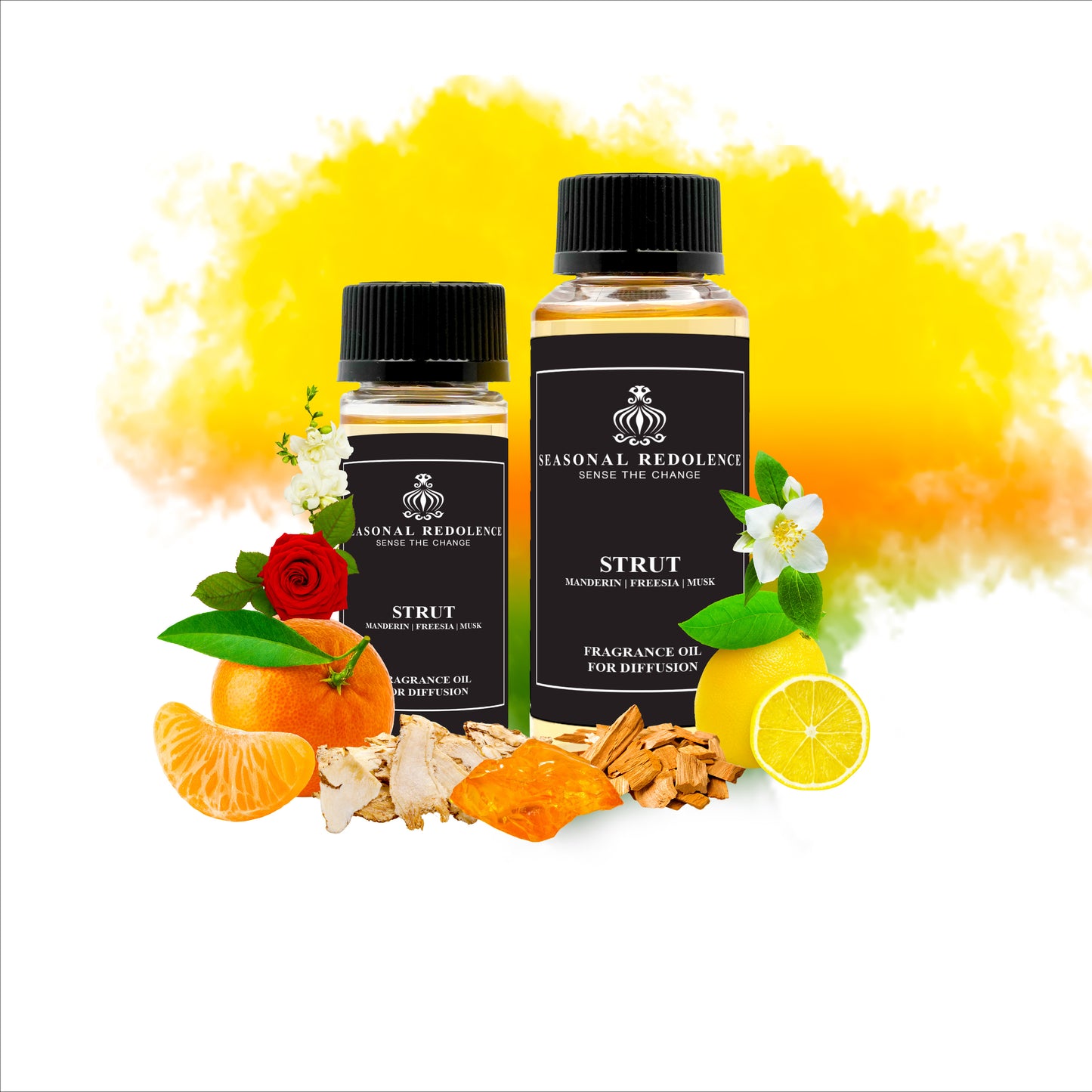 Strut captivates with a sophisticated blend that opens with bright mandarin, lemon, and green apple blossom, offering a fresh and lively introduction. The heart unfolds with elegant freesia, muguet, jasmine, and rose, creating a floral bouquet rich in refinement. A warm base of musk, amber, sandalwood, and patchouli grounds the fragrance, delivering lasting depth and graceful complexity.