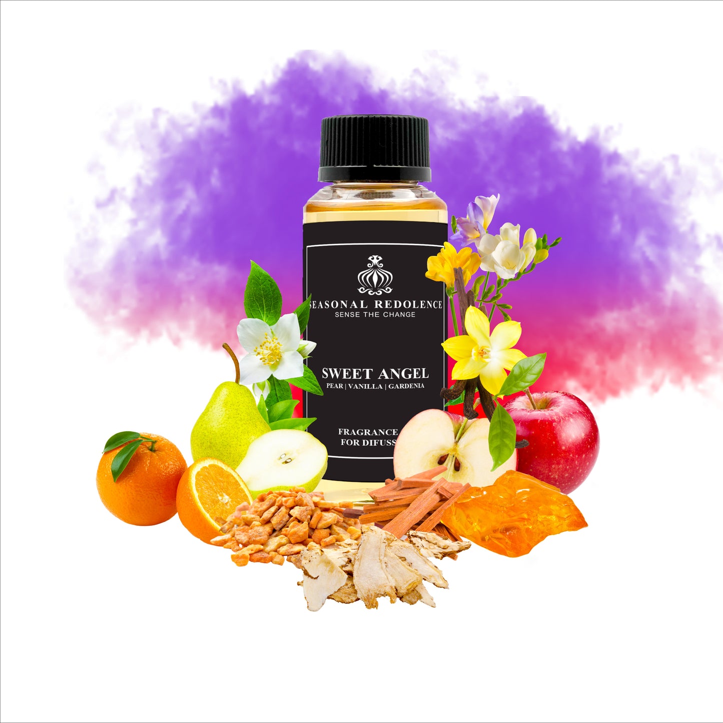 Sweet Angel unfolds with a refined blend of juicy pears, vibrant oranges, lychees, and crisp red apples. At its heart, delicate gardenia, sweet peas, jasmine, freesia, and magnolia create an elegant floral bouquet. The base notes of creamy vanilla, warm benzoin, soft musk, rich praline, amber, and smooth sandalwood provide a luxurious, lasting finish. This sophisticated fragrance balances fresh fruitiness with timeless florals and comforting warmth, perfect for those seeking a graceful and memorable scent e