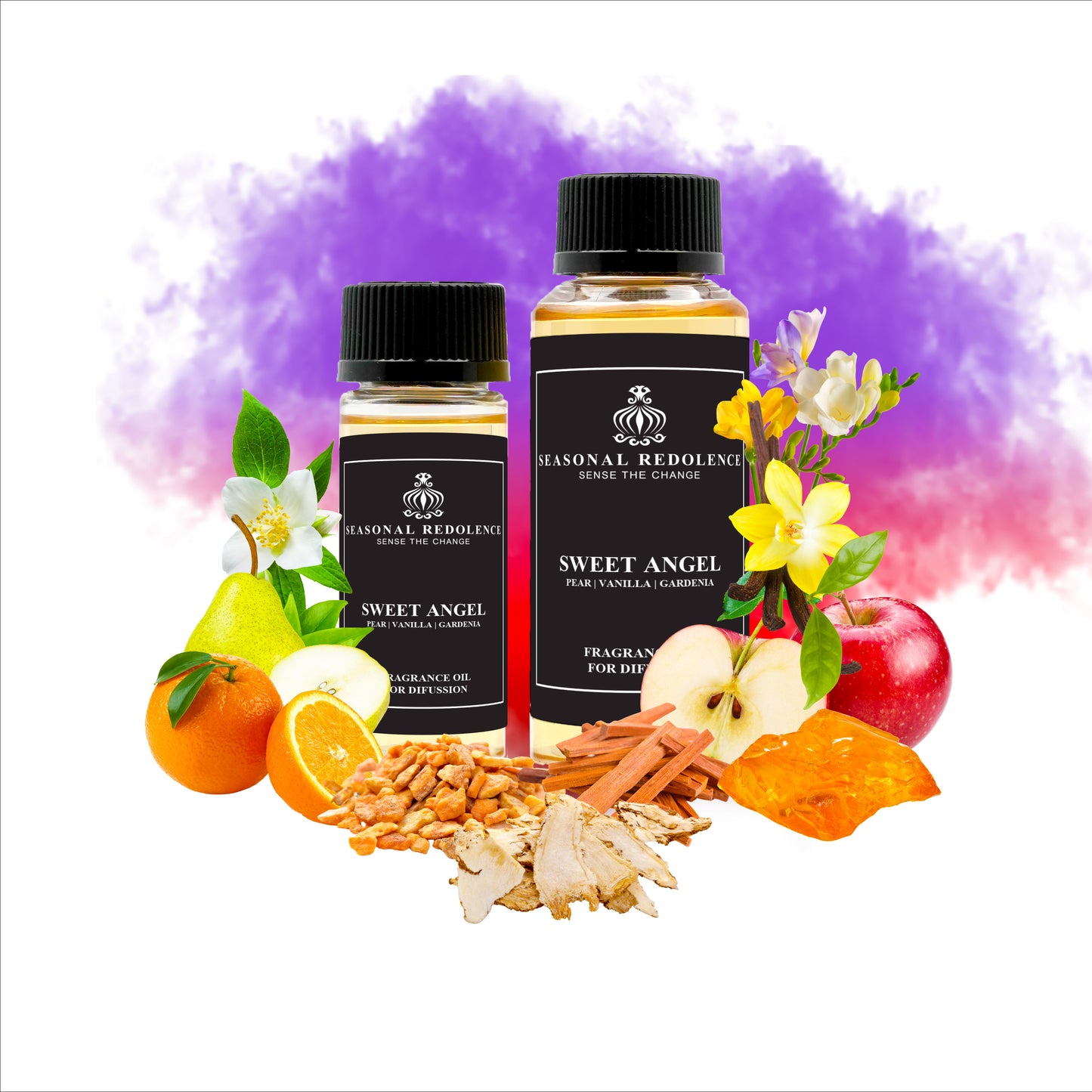 Sweet Angel unfolds with a refined blend of juicy pears, vibrant oranges, lychees, and crisp red apples. At its heart, delicate gardenia, sweet peas, jasmine, freesia, and magnolia create an elegant floral bouquet. The base notes of creamy vanilla, warm benzoin, soft musk, rich praline, amber, and smooth sandalwood provide a luxurious, lasting finish. This sophisticated fragrance balances fresh fruitiness with timeless florals and comforting warmth, perfect for those seeking a graceful and memorable scent e