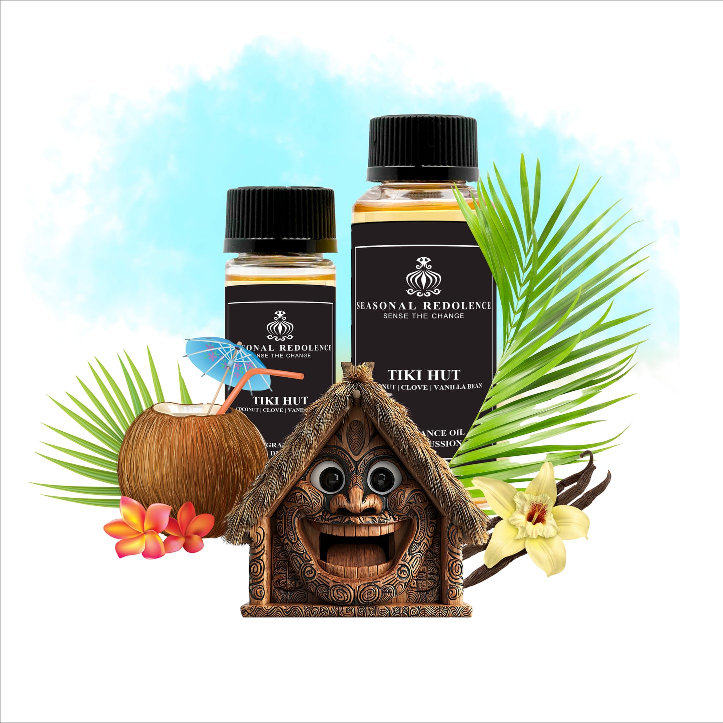 Tiki Hut captures the essence of a tropical escape with fresh coconut leaves at the top, evoking a serene island breeze. The heart blends creamy coconut and warm clove, adding a rich, exotic warmth. A smooth vanilla bean base rounds out the fragrance, offering a sophisticated and comforting finish. This refined scent transports you to a tranquil paradise with its elegant balance of tropical freshness and subtle spice.